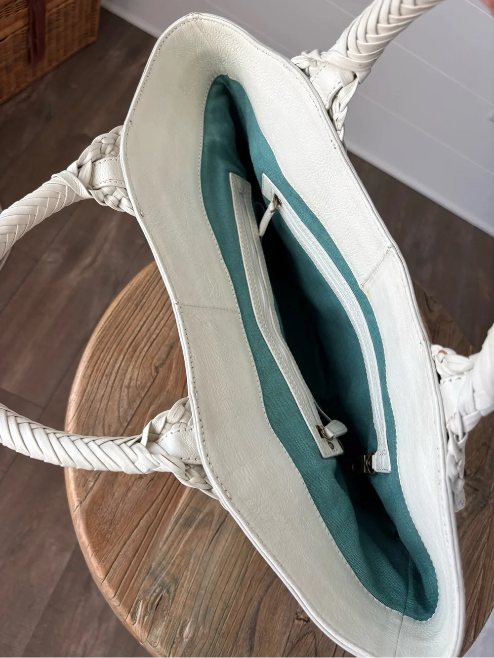 Cole Haan Tarran Tote Bag White Leather and Woven Straw